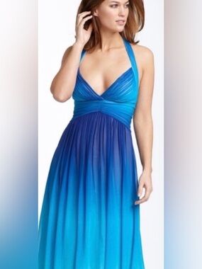 BCBGMaxAzria Blue 100% Silk Halter Ombré Chiffon Formal Maxi Prom Dress Size 12